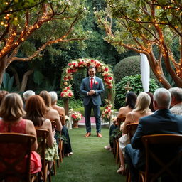 A beautifully decorated wedding ceremony setup in an elegant garden, featuring a charming host standing confidently with a warm smile