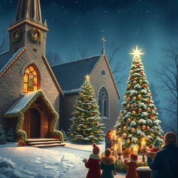 A picturesque Christmas church scene, featuring a quaint stone church with a tall steeple, beautifully decorated for the holiday season