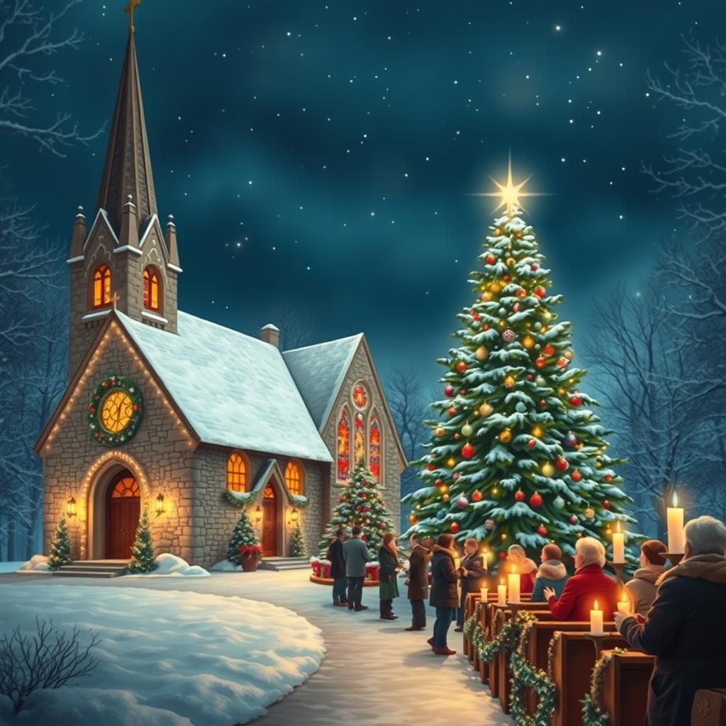 A picturesque Christmas church scene, featuring a quaint stone church with a tall steeple, beautifully decorated for the holiday season