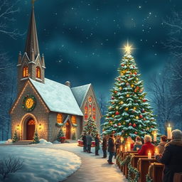 A picturesque Christmas church scene, featuring a quaint stone church with a tall steeple, beautifully decorated for the holiday season