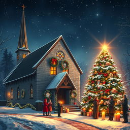 A picturesque Christmas church scene, featuring a quaint stone church with a tall steeple, beautifully decorated for the holiday season