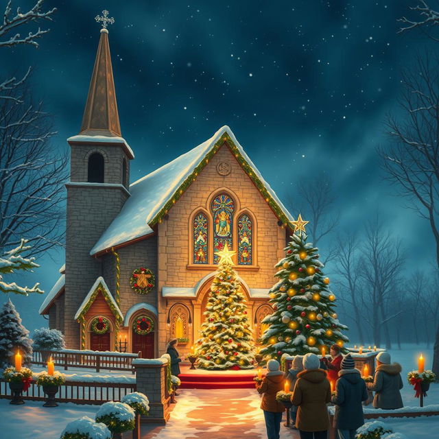 A picturesque Christmas church scene, featuring a quaint stone church with a tall steeple, beautifully decorated for the holiday season