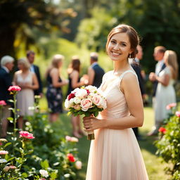 A beautiful bridesmaid standing radiant in a lush garden setting, wearing an elegant blush-pink gown with delicate lace detailing, holding a bouquet of mixed flowers including peonies and roses