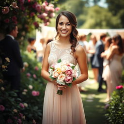 A beautiful bridesmaid standing radiant in a lush garden setting, wearing an elegant blush-pink gown with delicate lace detailing, holding a bouquet of mixed flowers including peonies and roses