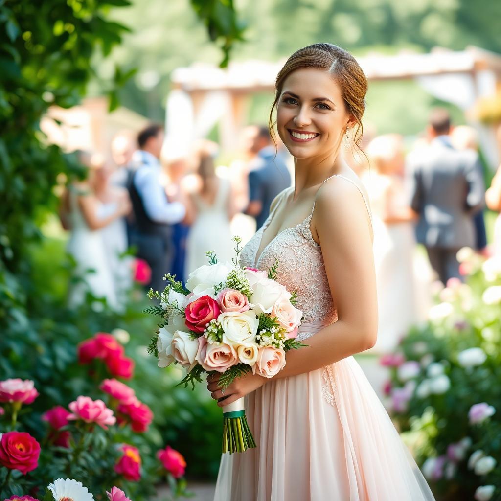 A beautiful bridesmaid standing radiant in a lush garden setting, wearing an elegant blush-pink gown with delicate lace detailing, holding a bouquet of mixed flowers including peonies and roses