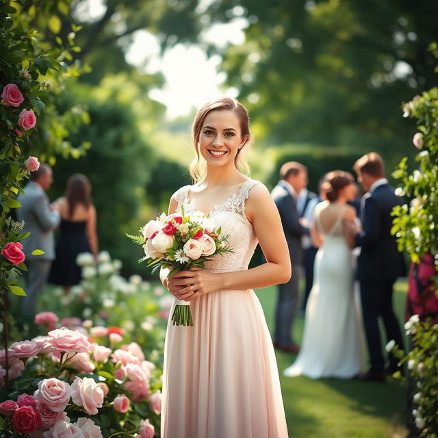 A beautiful bridesmaid standing radiant in a lush garden setting, wearing an elegant blush-pink gown with delicate lace detailing, holding a bouquet of mixed flowers including peonies and roses