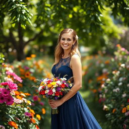 A beautiful bridesmaid standing in a lush garden filled with blooming flowers on a sunny day