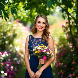 A beautiful bridesmaid standing in a lush garden filled with blooming flowers on a sunny day