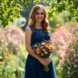 A beautiful bridesmaid standing in a lush garden filled with blooming flowers on a sunny day