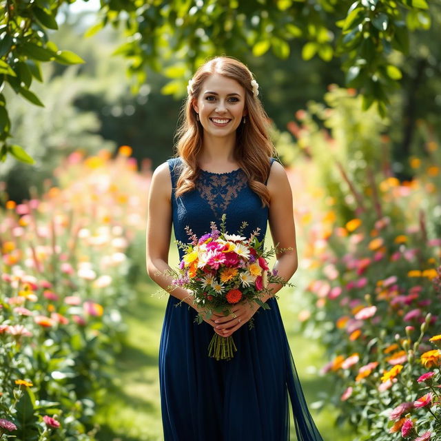 A beautiful bridesmaid standing in a lush garden filled with blooming flowers on a sunny day