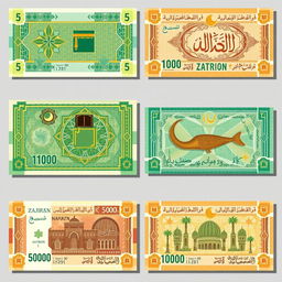 A set of fictional banknotes for a Muslim-inspired Minecraft state named Zatiron, featuring denominations of 5, 10, 100, 1000, 5000, and 10000