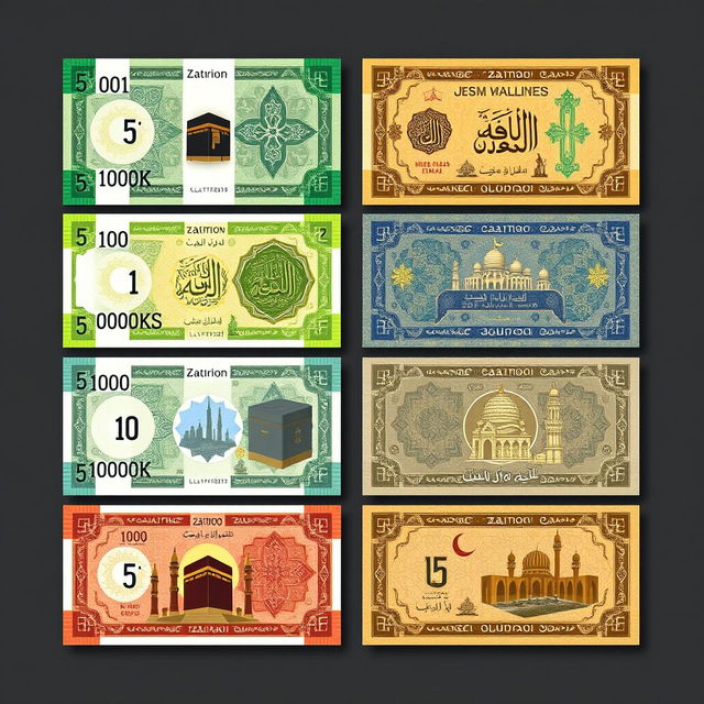 A set of fictional banknotes for a Muslim-inspired Minecraft state named Zatiron, featuring denominations of 5, 10, 100, 1000, 5000, and 10000