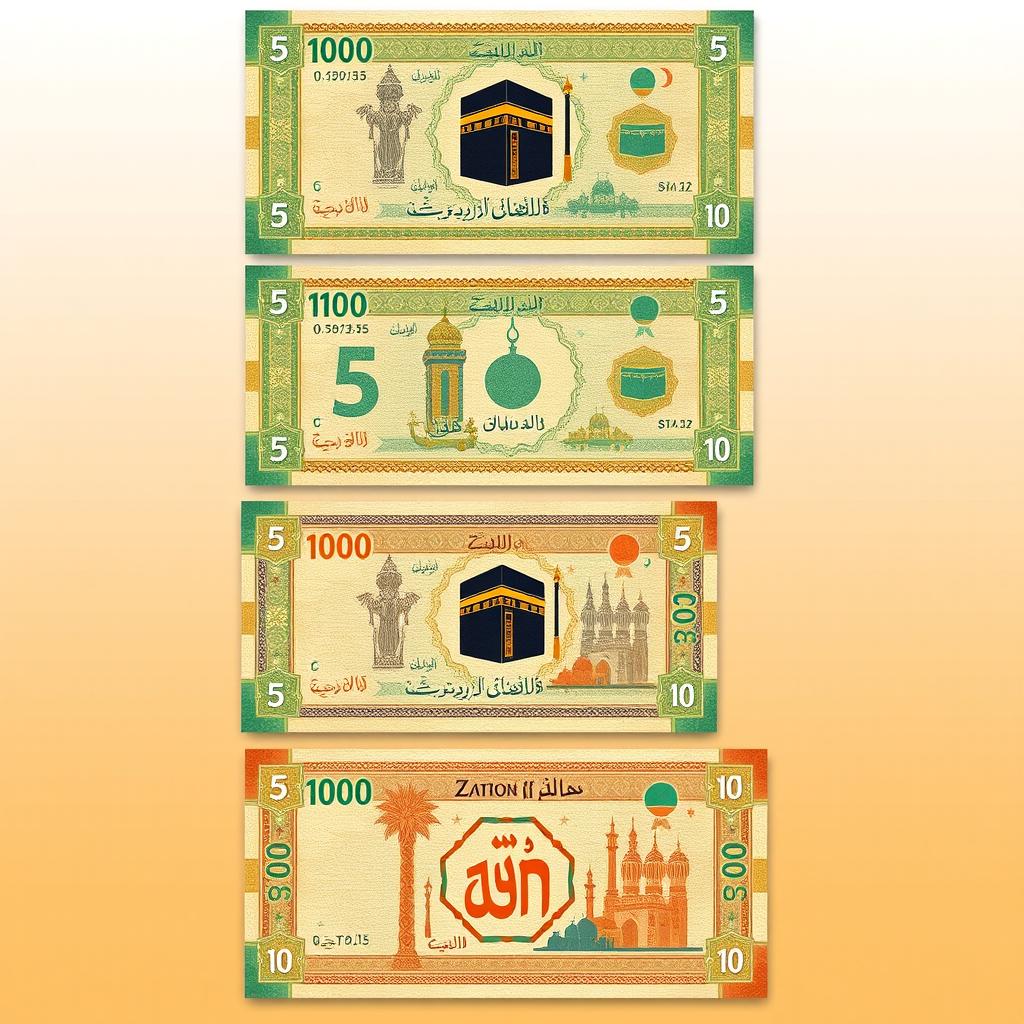 A set of fictional banknotes for a Muslim-inspired Minecraft state named Zatiron, featuring denominations of 5, 10, 100, 1000, 5000, and 10000