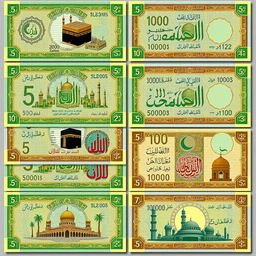 A set of fictional banknotes for a Muslim-inspired Minecraft state named Zatiron, featuring denominations of 5, 10, 100, 1000, 5000, and 10000