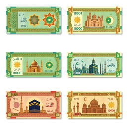 A set of fictional banknotes for a Muslim-inspired Minecraft state named Zatiron, featuring denominations of 5, 10, 100, 1000, 5000, and 10000