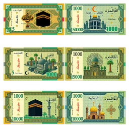 A set of fictional banknotes for a Muslim-inspired Minecraft state named Zatiron, featuring denominations of 5, 10, 100, 1000, 5000, and 10000