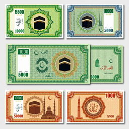 A set of fictional banknotes for a Muslim-inspired Minecraft state named Zatiron, featuring denominations of 5, 10, 100, 1000, 5000, and 10000