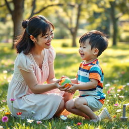 A warm and loving scene of a mother with the face of Wonyoung from IVE and her son with the face of Beomgyu from TXT