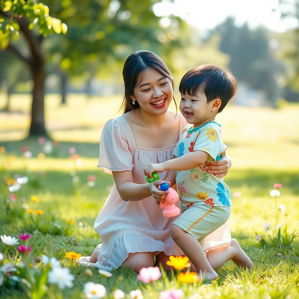 A warm and loving scene of a mother with the face of Wonyoung from IVE and her son with the face of Beomgyu from TXT