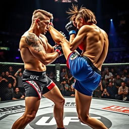 A dynamic and intense scene featuring two MMA fighters in an octagonal cage during a UFC match