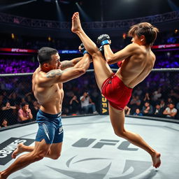 A dynamic and intense scene featuring two MMA fighters in an octagonal cage during a UFC match