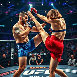 A dynamic and intense scene featuring two MMA fighters in an octagonal cage during a UFC match