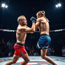 A dramatic scene of an intense MMA octagon fight featuring two muscular UFC fighters, one with a buzz cut wearing red shorts and the other with long hair in a ponytail wearing blue shorts