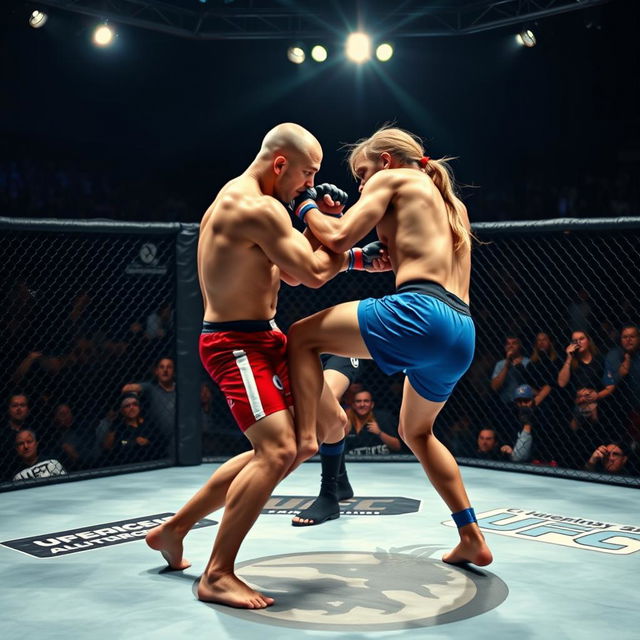 A dramatic scene of an intense MMA octagon fight featuring two muscular UFC fighters, one with a buzz cut wearing red shorts and the other with long hair in a ponytail wearing blue shorts