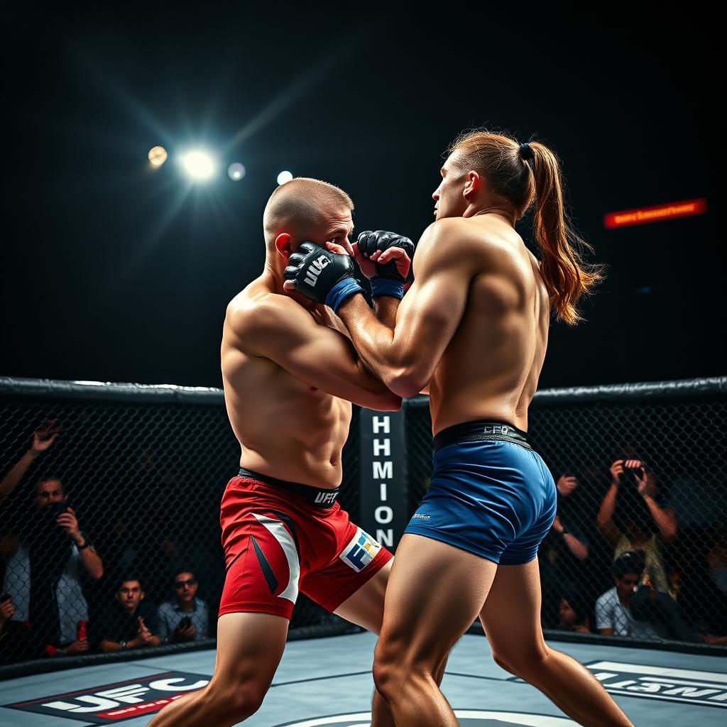 A dramatic scene of an intense MMA octagon fight featuring two muscular UFC fighters, one with a buzz cut wearing red shorts and the other with long hair in a ponytail wearing blue shorts