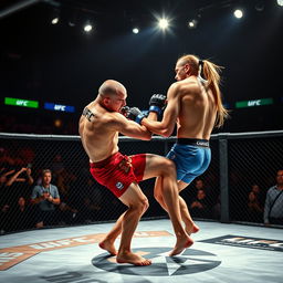 A dramatic scene of an intense MMA octagon fight featuring two muscular UFC fighters, one with a buzz cut wearing red shorts and the other with long hair in a ponytail wearing blue shorts