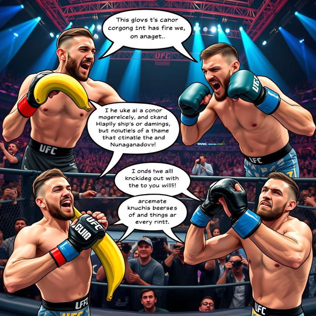 A humorous collage of UFC MMA fighters in exaggerated, funny scenarios