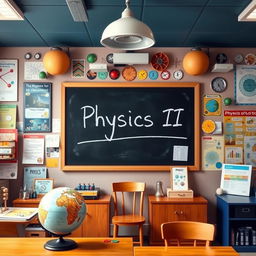 A beautifully designed science classroom, filled with various educational posters and models, showcasing a physics theme