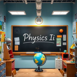 A beautifully designed science classroom, filled with various educational posters and models, showcasing a physics theme