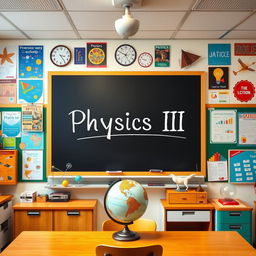A beautifully designed science classroom, filled with various educational posters and models, showcasing a physics theme