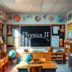 A beautifully designed science classroom, filled with various educational posters and models, showcasing a physics theme