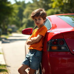 A scene depicting an isolated, disappointed young boy leaning against a parked car