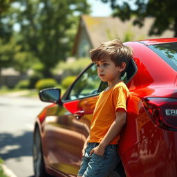 A scene depicting an isolated, disappointed young boy leaning against a parked car