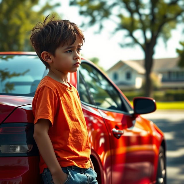 A scene depicting an isolated, disappointed young boy leaning against a parked car