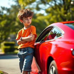 A scene depicting an isolated, disappointed young boy leaning against a parked car