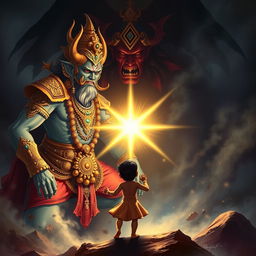 A dramatic scene depicting Hiranyakashyap, a powerful demon king with an imposing figure, adorned in ornate armor and intricate jewelry, showcasing anger and rage, and his son Prahlad, a young boy with a peaceful, brave expression