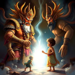 A dramatic scene depicting Hiranyakashyap, a powerful demon king with an imposing figure, adorned in ornate armor and intricate jewelry, showcasing anger and rage, and his son Prahlad, a young boy with a peaceful, brave expression