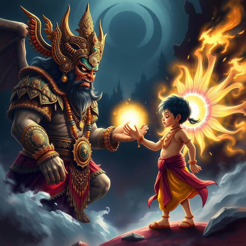 A dramatic scene depicting Hiranyakashyap, a powerful demon king with an imposing figure, adorned in ornate armor and intricate jewelry, showcasing anger and rage, and his son Prahlad, a young boy with a peaceful, brave expression