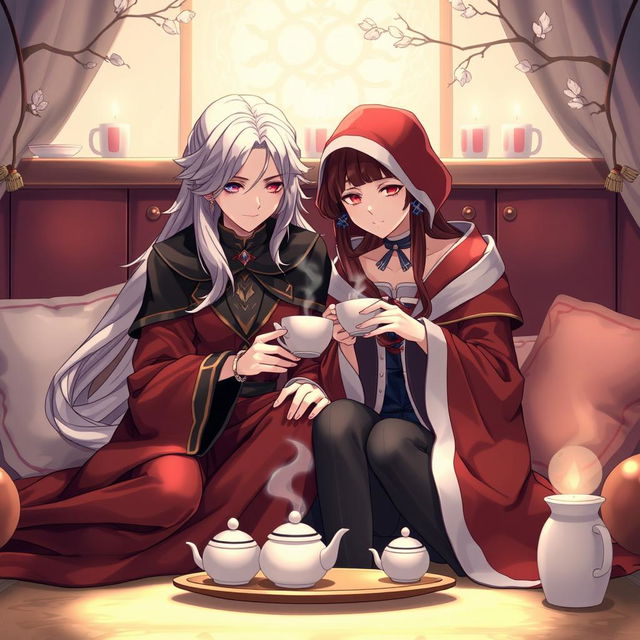 A serene scene featuring a beautiful moment where two striking characters, Testarossa and Frieren, are sitting together in a cozy, inviting setting, sipping tea