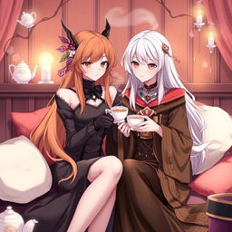 A serene scene featuring a beautiful moment where two striking characters, Testarossa and Frieren, are sitting together in a cozy, inviting setting, sipping tea