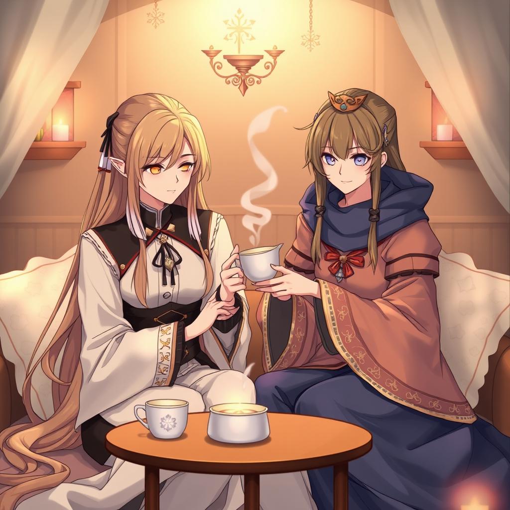 A serene scene featuring a beautiful moment where two striking characters, Testarossa and Frieren, are sitting together in a cozy, inviting setting, sipping tea