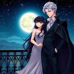 A romantic scene featuring a female human with long, flowing black hair and bright green eyes, beside a striking male vampire with slicked-back white hair and piercing red eyes