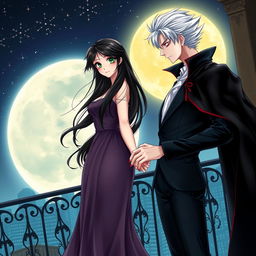 A romantic scene featuring a female human with long, flowing black hair and bright green eyes, beside a striking male vampire with slicked-back white hair and piercing red eyes