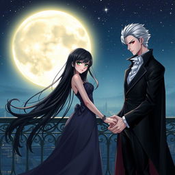 A romantic scene featuring a female human with long, flowing black hair and bright green eyes, beside a striking male vampire with slicked-back white hair and piercing red eyes