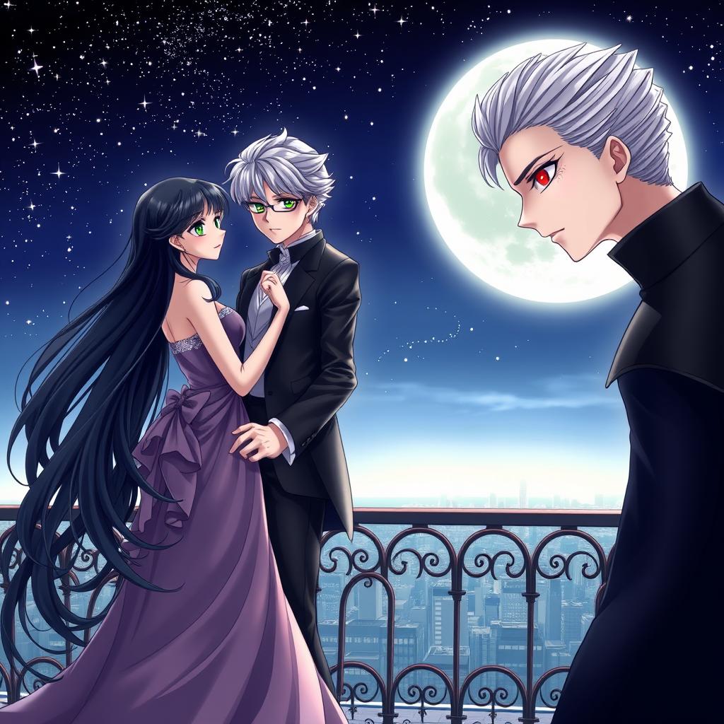 A romantic scene featuring a female human with long, flowing black hair and bright green eyes, beside a striking male vampire with slicked-back white hair and piercing red eyes