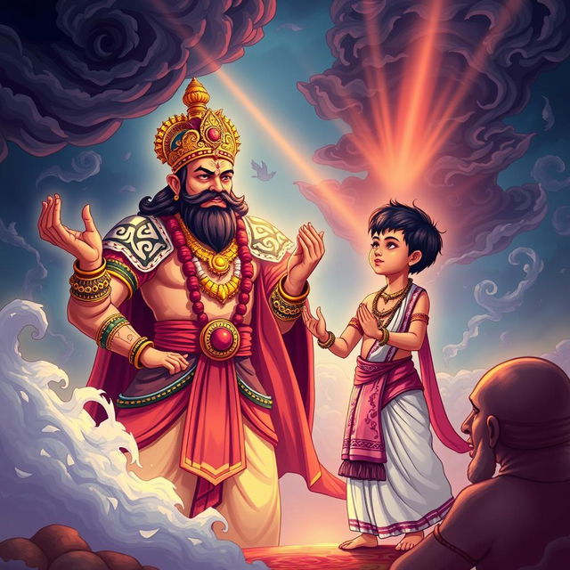 A vivid illustration of King Hiranyakashyap and his son Prahlad in a grand setting, both engaging in a heartfelt prayer to Lord Vishnu